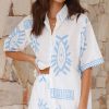 Clothing By Frankie | Charli Button Up Shirt And Shorts Set - White / Blue Aztec Eye