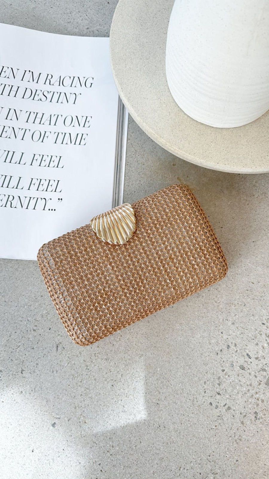 Accessories Adorne | Livy Shell Clasp Woven Structured Clutch - Natural