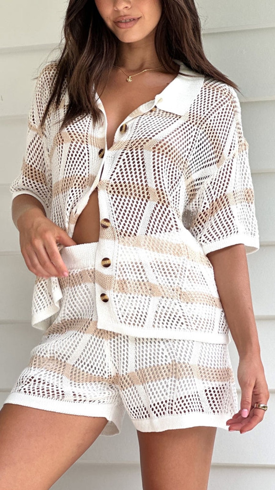 Clothing By Frankie | Hachiro Button Up Shirt And Shorts Set - White / Beige Stripe