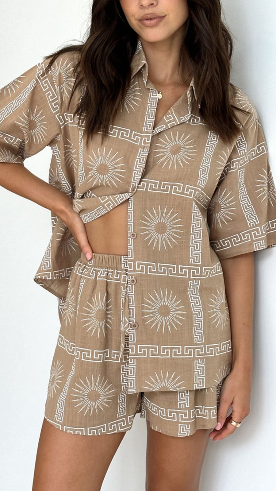 Clothing By Frankie | Charli Button Up Shirt And Shorts Set - Brown/White Print