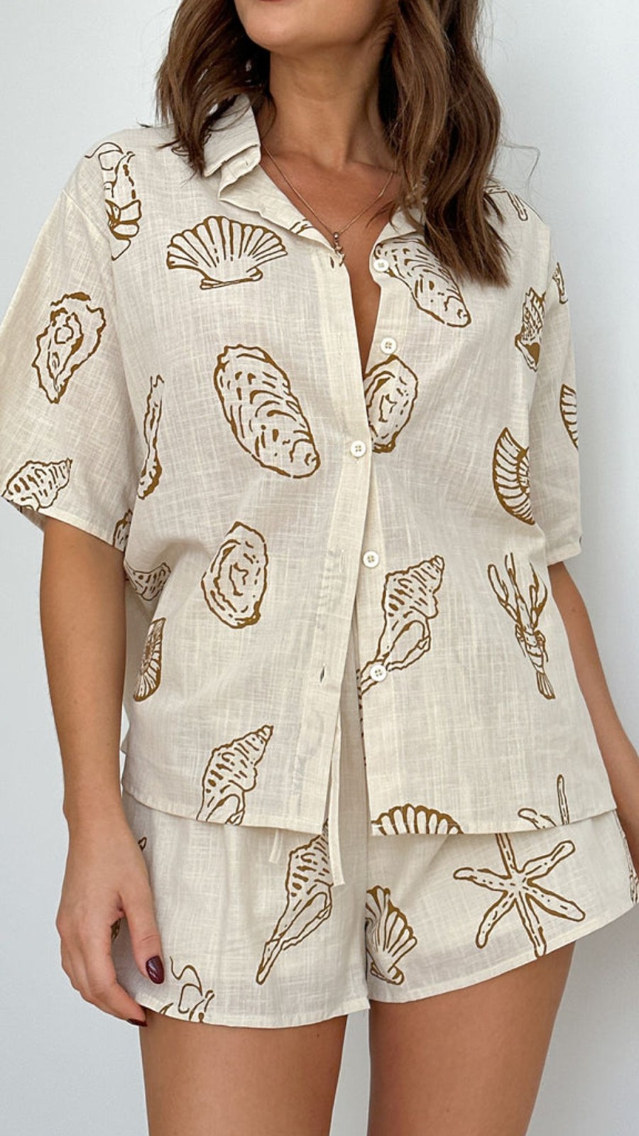 Clothing By Frankie | Charli Button Up Shirt And Shorts Set - Beige / Tan Shells