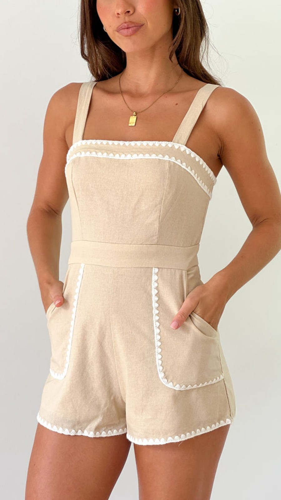 Clothing Main St | Abie Playsuit - Beige / White Trim