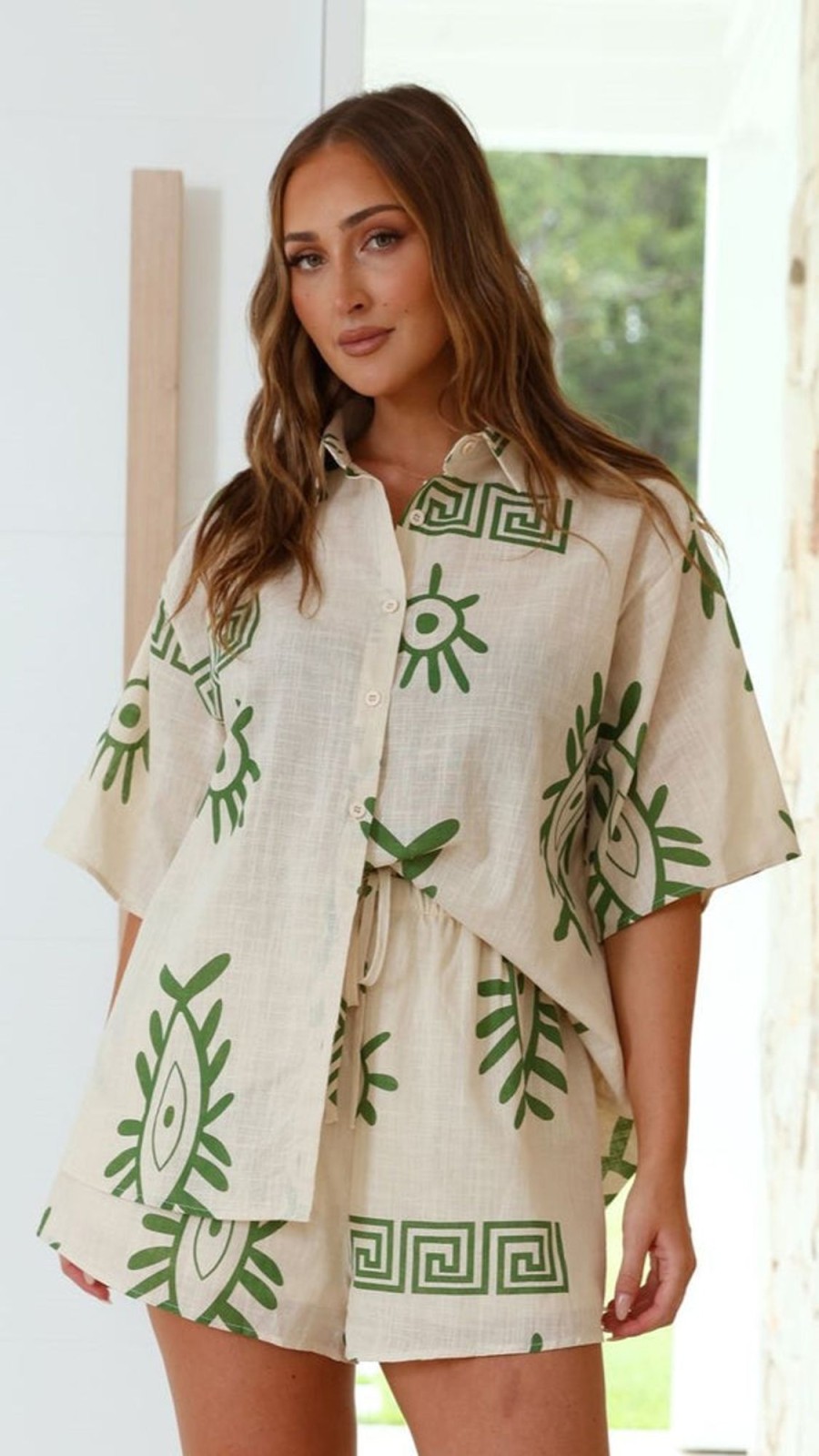 Clothing By Frankie | Charli Button Up Shirt And Shorts Set - Beige/Green Aztec