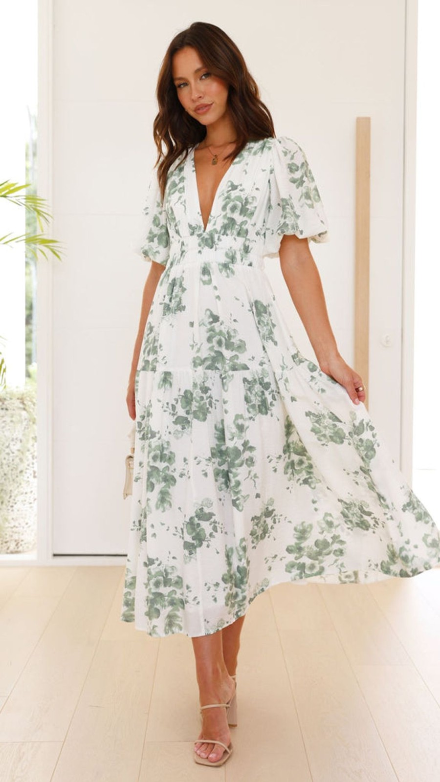 Clothing LILYWHYT | Erin Midi Dress - Green/White Floral