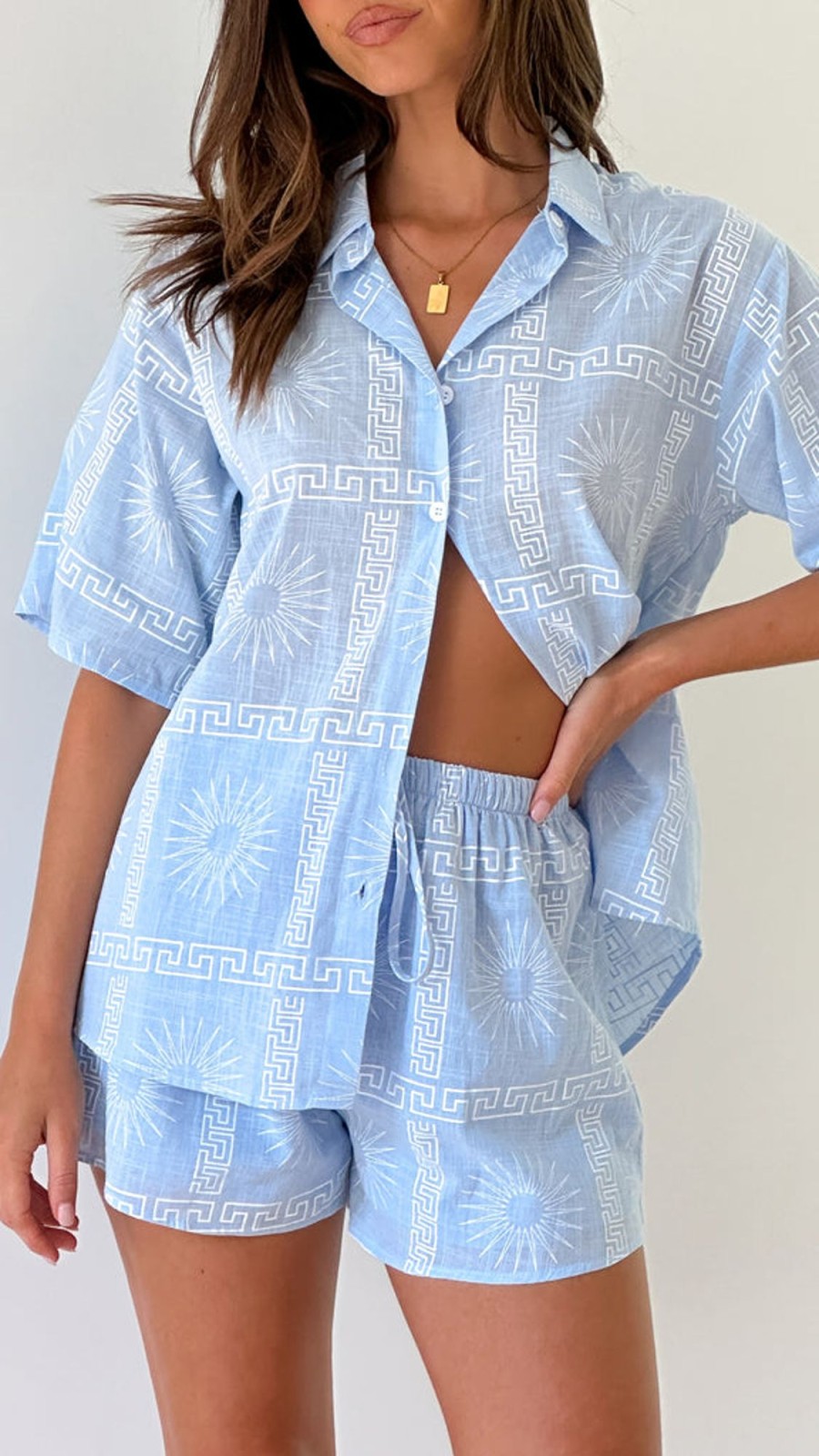 Clothing By Frankie | Charli Button Up Shirt And Shorts Set - Blue/White Print